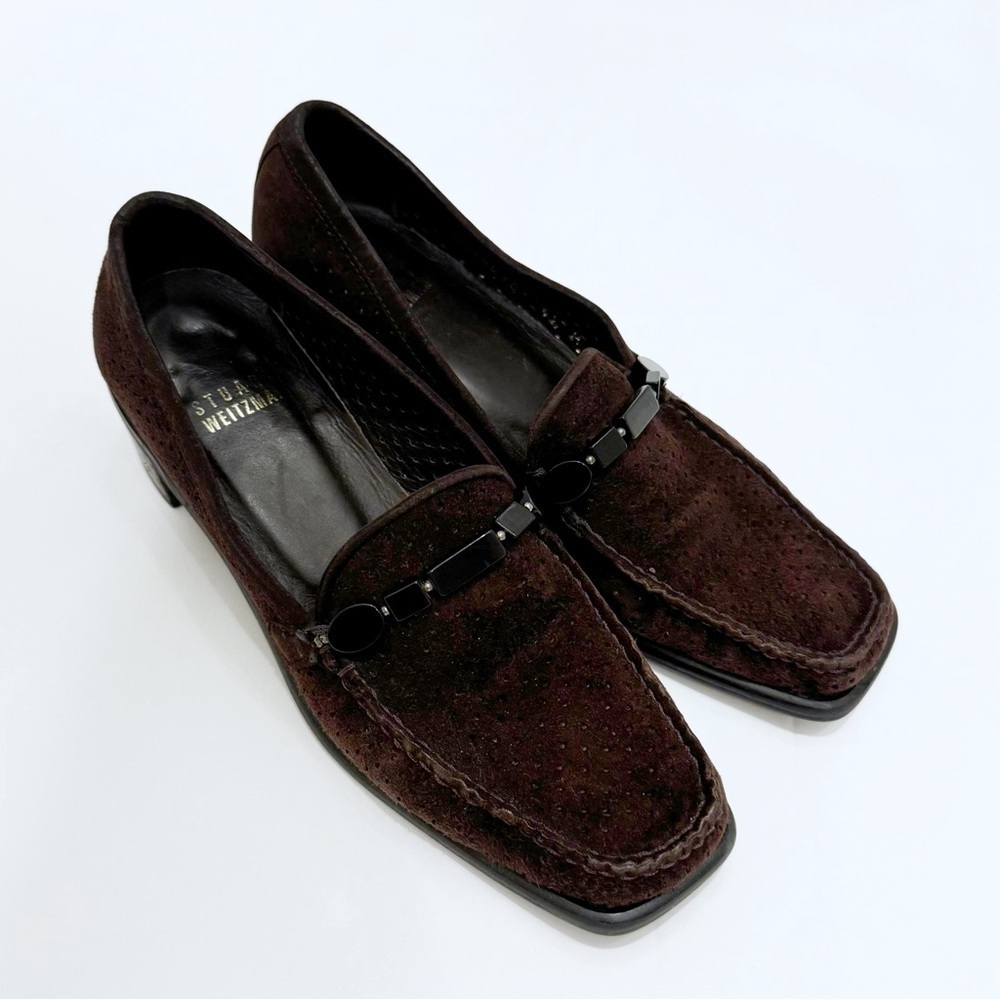 Stuart Weitzman Brown Suede Block Heel Square Toe Loafers Size 4.5